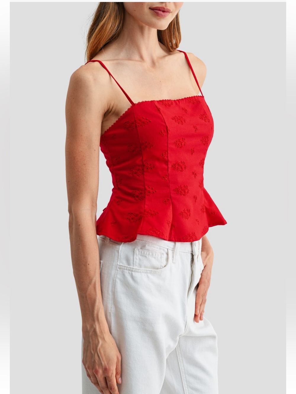 All In Favor Red Embroidered Peplum Cami Tank Top - Picture 3 of 3